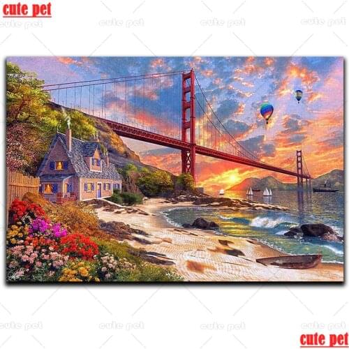 5D Golden Gate Bridge DIY Diamond Painting Full Drill Square round Diamond Mosaic Diamond Embroidery CrossStitch Decoration Home