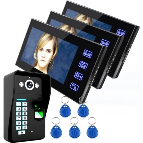 Free Shipping!Ennio Touch Key 7" Lcd Fingerprint Video Door Phone Intercom System Wth 1 Camera + 3Monitor