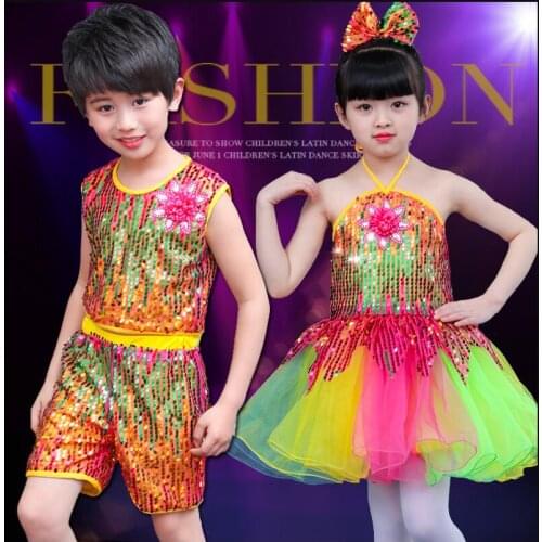 Sequin Jazz Dance Modern Girls Jazz Dancing Costumes Colorful Sequin tutu Dress Suit Girl Stage Perform Wear Garments for Boys