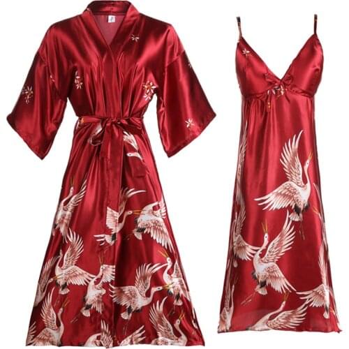 Women Satin Robe Lightweight Wedding Bride Bridesmaid Kimono Yukata Women Silk Pajamas Crane Ladys Sexy Sleepwear Nightgown