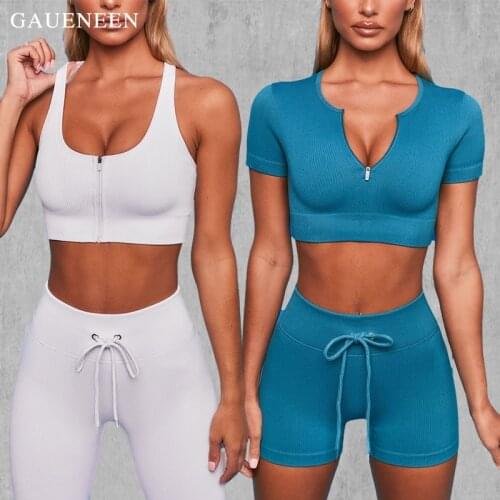 Zipper Gym Set Women Feamle Seamless 2 Two Piece Crop Top Bra Shorts Sportsuit Workout Outfit Sport Wear Drawstring Clothes