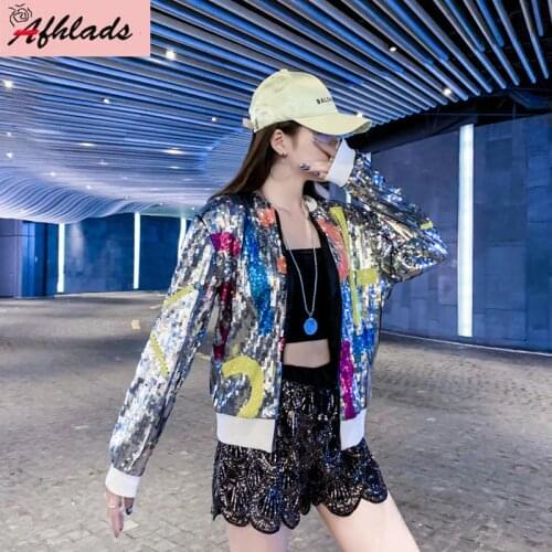 Spring and Autumn New Fashion Jacket Coats Sequins Casual Long Sleeve Women Stand Collar High Waist Jacket Outerwear