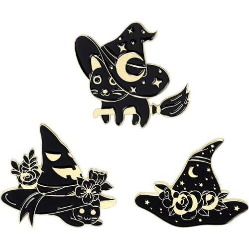 LAMEMDEE Witch Cats Enamel Pin Custom Starry Wizard Hat Brooch Bag Clothes Lapel Pin Black Gothic Badge Witchcraft Jewelry Gift