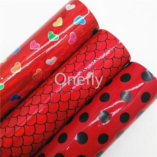 Onefly 21X29CM Red Polka Dots Printed Faux Leather, Mermaid Synthetic Leather Fabric Sheets For Bow DIY handbags shoes BQ042