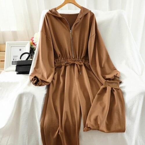 Lazy style simple Cotton jumpsuit casual Korean Loose 2021 fall new hooded waist straps feet all-match jumpsuit s651