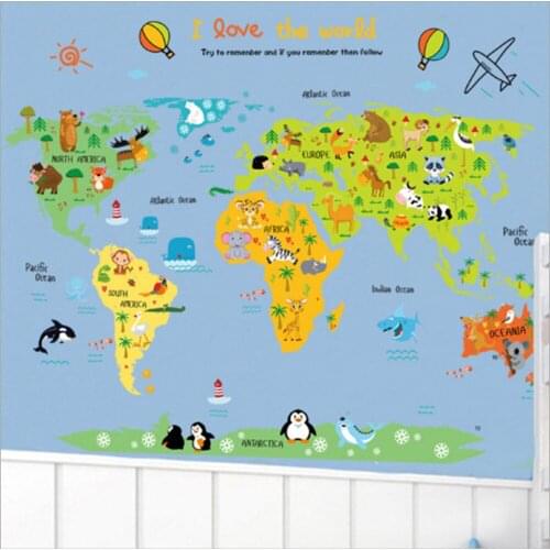 Cartoon world map PVC DIY Self Adhesive Vinyl Wall Stickers Bedroom Home Decor for Children Room Decoration Art Wall Decal Mural
