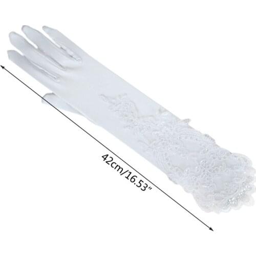 Wedding Bridal Long Gloves Hollow Embroidery Sequins Floral Lace Satin Mittens
