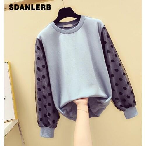 Polka Dot Voile Stitching Sleeves Hoodies Womens 2021 Spring Autumn New Long Sleeve Sweatshirt Loose Round Neck Pullover Top