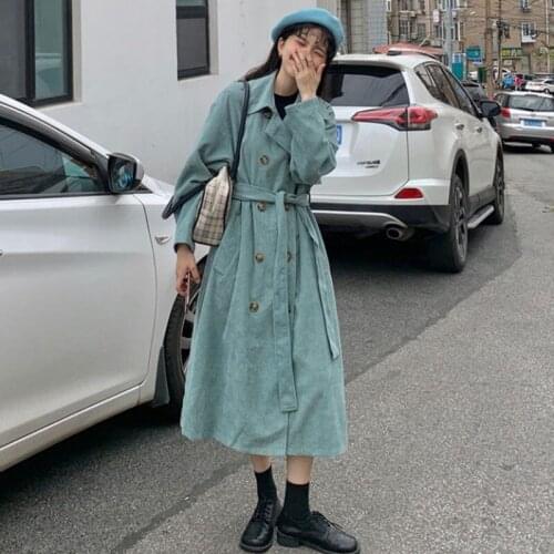 2021 Spring New Womens Trench Coat Corduroy Loose Wild Popular Temperament Mid-Length Long-Sleeve Tops Windbreaker Women E466