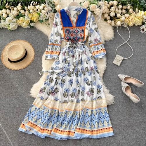 Bohemian Ethnic Retro Pineapple Print Long Maxi Dress Hit color Geometry Pattern Embroidery V-neck Long-sleeved Tie Beach Dress