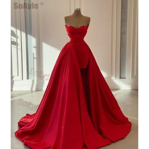 SoAyle Elegant Red Evening Dress Strapless Sleeveless formal Dress for women Pleated Lace Simple Evening Part Vestidos de Fiesta