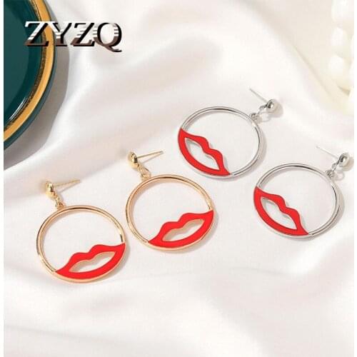 ZYZQ2020 New ! Fashion Exquisite Jewelry Gold Color Round-Shaped Flames Red Lips Rhinestones Stud Earrings For Women Gifts