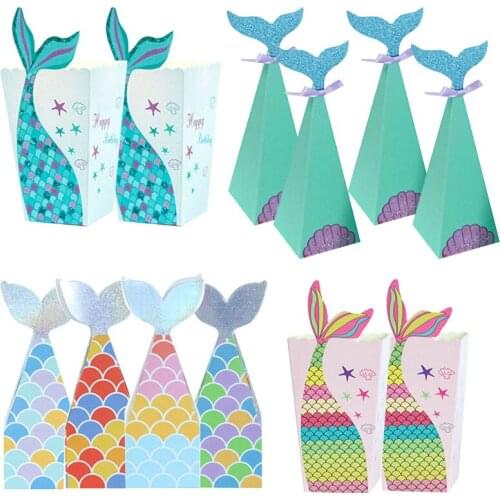 10pcs Mermaid Paper Popcorn Box Mermaid Tail Candy Gift Boxes Mermaid Party Favors Baby Shower Birthday Wedding Decorations