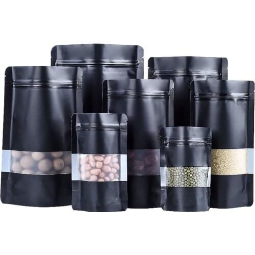 100Pcs/Lot Black Aluminum Foil Stand Up Bag with Frosted Window Zip Lock Grip Seal Tear Notch Doypack Food Coffee Pack Pouches