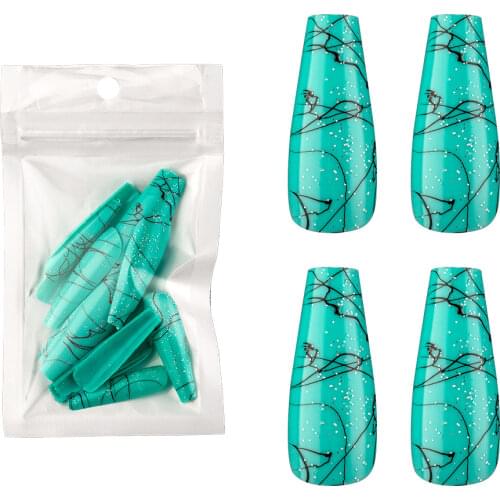 20pcs Long Coffin False Nails with Abstract Art Brushed Line Designs Full Cover Press on Nails Artificial Tips Decoration Salon