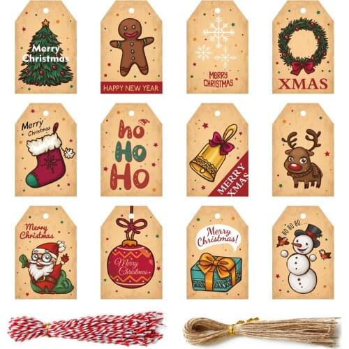 48PCS Christmas Craft Paper Tags With Rope Xmas Tree Hanging Christmas Labels 2021 Navidad Noel Gift Wrapping DIY Supply