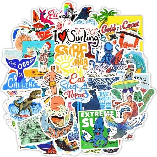 50pcs/pack Surfing Sticker Beach Travel Graffiti Surf Stickers DIY for Surfboard Laptop Luggage Bicycle Water Bottl
