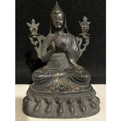 8"Tibet Buddhism Old Bronze Gilt mosaic gem Tsongkhapa Sitting Buddha Rosanzaba Enshrine the Buddha