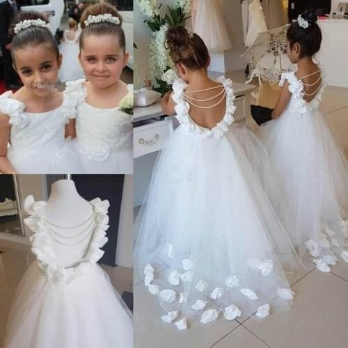 White Flower Girl Dresses For Wedding with Pearls Tulle Floor Length Backless Party Gown Junior Bridesmaid Girls Dress