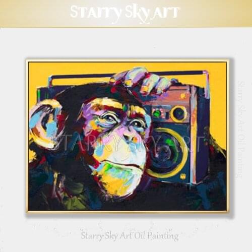 Pure Hand-painted Fine Art Funny Animal Monkey Oil Painting on Canvas Funny Gorilla and Radio Picture for Wall Art Decoration