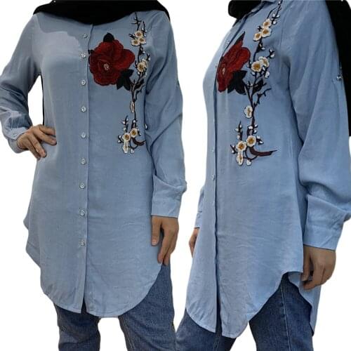 Dubai Women Muslim Long Tops Cotton Embroidery Casual Shirts Blouse Denim Ramadan Arab Islamic Slim Spring Fashion Plus S-6XL