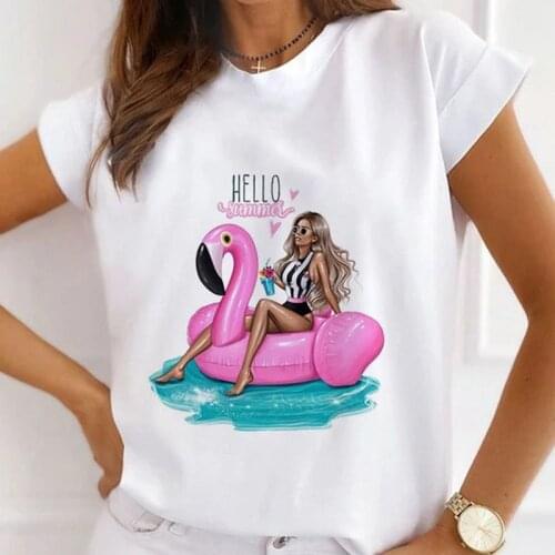 Summer Personality Womens Round Neck T-Shirt Loose Short-Sleeved Comfortable Tops Beautiful Girl Flower Butterfly Printed Tees