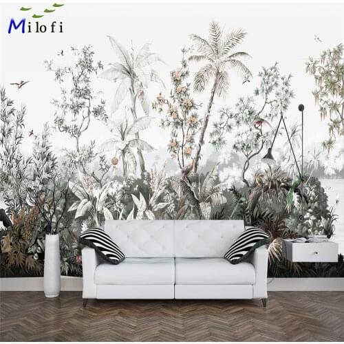 Milofi customized 3D wallpaper hand-painted medieval mural tropical forest rain plant coconut tree TV decorative painting