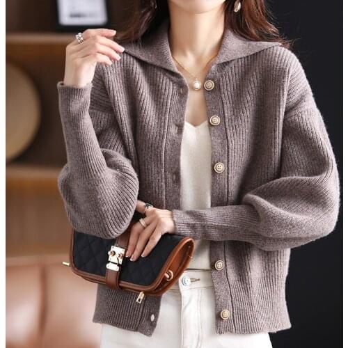 Spring Autumn Woman Sweater Lapel Pure Wool Cardigan Warm Comfortable Fresh Middle Sleeve Jacket Loose Cardigan Knit Sweater