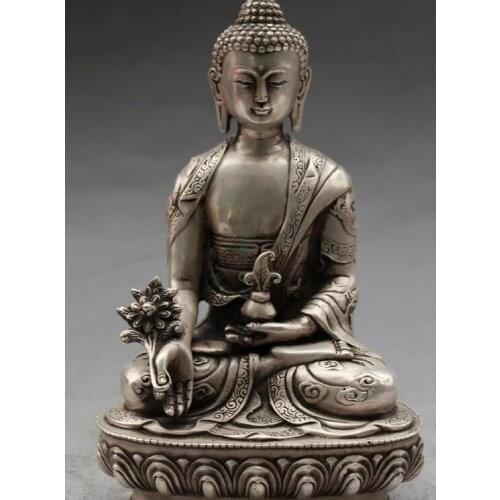 8" Chinese Tibet Buddhism Silver Seat Menla Medicine Medical Buddha Statue