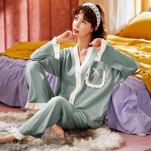 Korean Cute Japanese Home Clothes Cotton Womens Pajamas Set Long Sleeve Autumn Clothes Pj Sets for Women Sleepwear Women Set