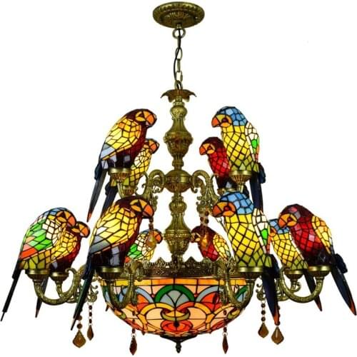 European creative Mediterranean retro stained glass parrot chandelier lamps villa bar restaurant living room bird light