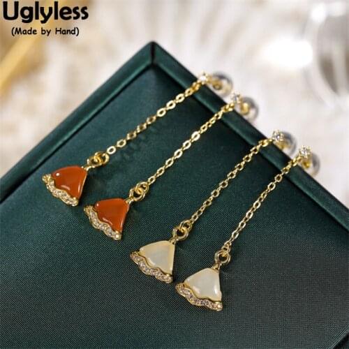 Uglyless Summer Fashion Dress Earrings for Women Long Gold Chains Brincos MINI Triangle Agate Jade Earrings Crystals 925 Silver