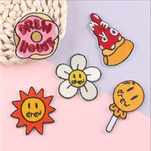 Stick on Embroidery Patches Sun Flower Lollipop Diary Journal Decorative Sticker Kawaii Drew Appliques Clothes Label Accessories