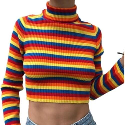2019 New Women Turtleneck Sweaters Fashion Rainbow Knitted Pullovers Autumn Winter Sweater Female Tight Knitwear Streetwear