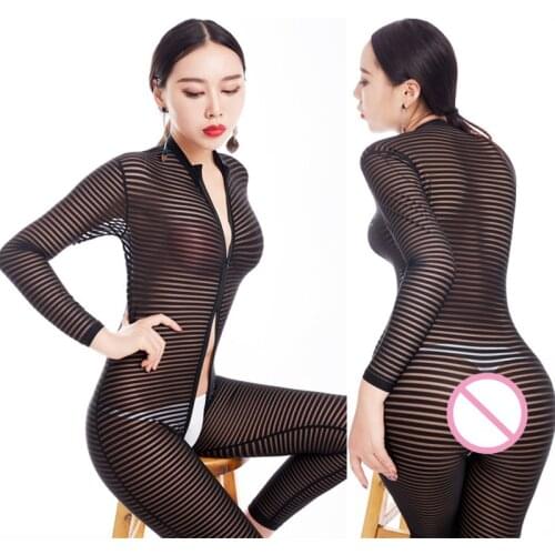 New Sexy Women Stripe Two Way Zipper Open Crotch Bust Transparent Bodysuit Turtleneck Body Stockings Club Wear Sexy Lingerie F40