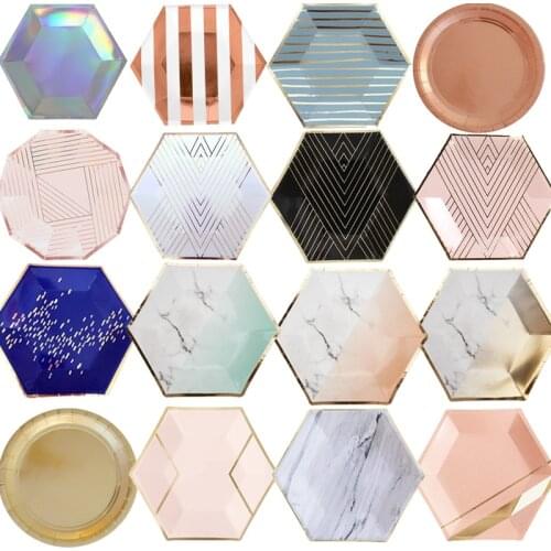 Rose Gold Party Disposable Tableware Stripe Party Plate wedding Birthday Party Decor Kids Baby Shower Party Supplies Paper Plate