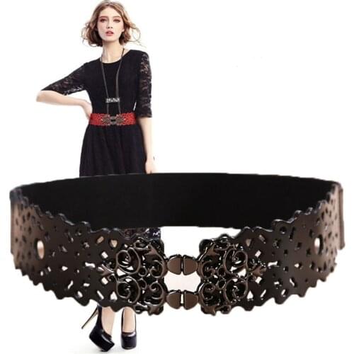 Fashion Hollow-out Dresses Wide Belt For Women Genuine Leather Elastic Waistband Female Vintage Cowskin Belts Ceinture Femme