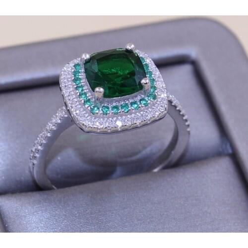US Size5/6/7/8/9/10 Luxury Handmade Jewelry Pure 100% 925 Sterling Silver Cushion Shape Green 5A CZ Women Wedding Band Ring Gift