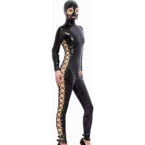 Sexy Women Black Transparent Latex Rubber Catsuit Hood Gummi Lacing with Back Zipper