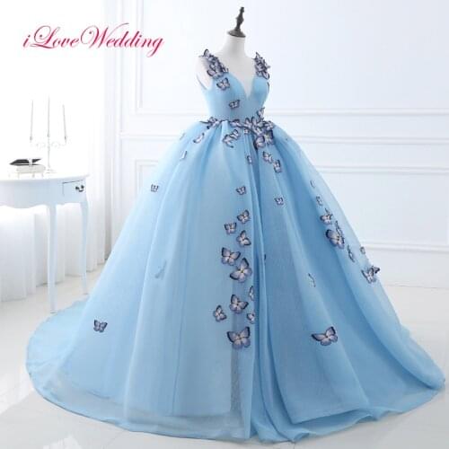 New Light Blue Ball Gown Prom Dress Sleeveless V-neck Net Tulle Butterfly Applique Lace Up Back Party Gown In Stocks