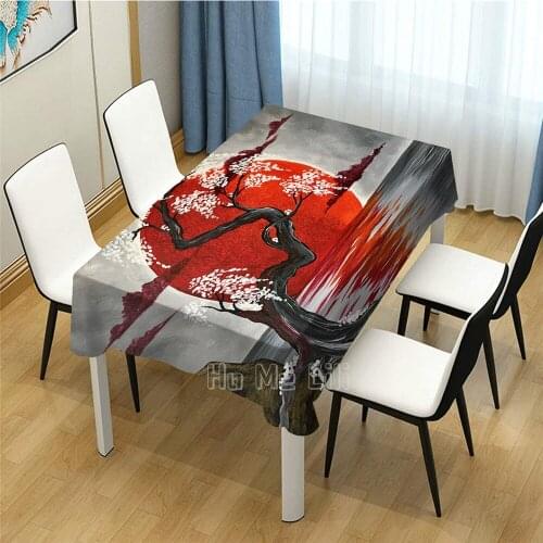 Japanese Crimson Moon Painting Design Tablecloth For Dinner Table Decor