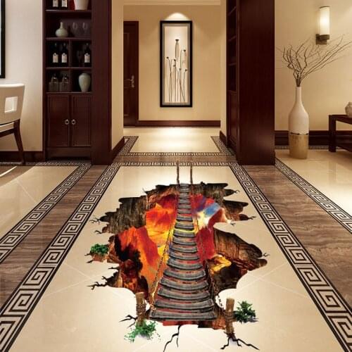Vivid 3D wooden bridge volcanic wall stickers floor stickers living room bedroom TV background wall decoration