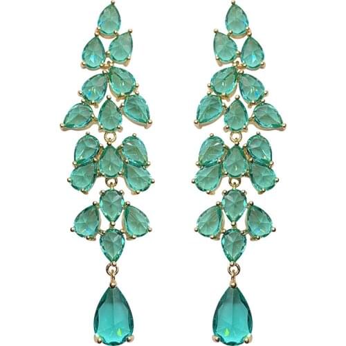Ladies Earring 2021 Trend Yellow Gold Color Cubic Zirconia Dangler Earrings Green Crystal Drops Earrings Banquet Party Jewelry