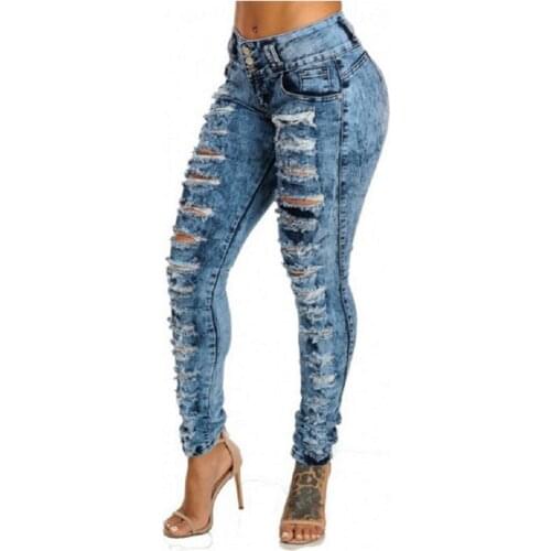 Women Sexy Ripped Hole Denim Jeans Femme High Waist Skinny Slim Pencil Pants Plus Size Jean