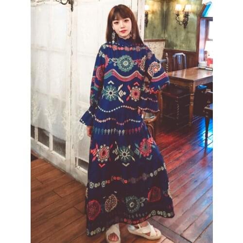 Summer New Tourism Resort Retro Ethnic Style Totem Print Semi-High Collar Elegant Loose Long Dress Bohemian Petal Sleeve Dress