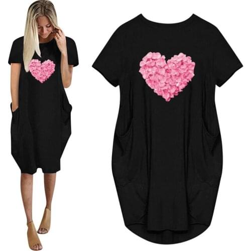 Pink Heart Flower Print Women Summer Casual Loose Dress With Pocket Ladies Fashion O Neck Long Tops Female T Shirt Dress