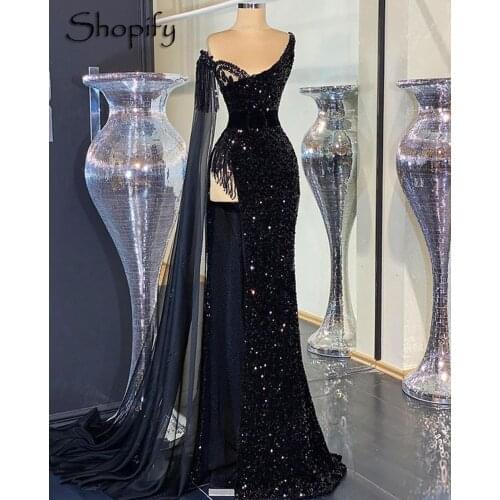 African Black Mermaid Long Evening Dress 2020 Side Slit Sparkly Sequin Dubai Women Formal Evening Gowns