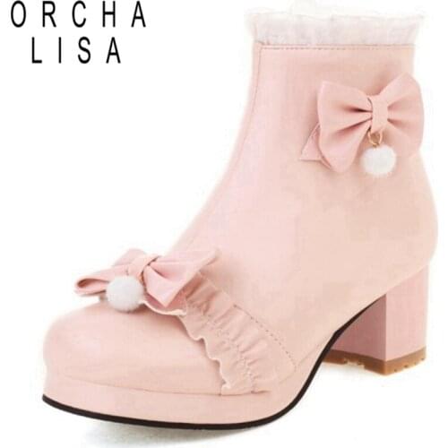 ORCHALISA Lolita Autumn Winter Ankle Short Boots Round toe Chunky Heels Zip Lace Bow Ladylike Small Big Size 30-43 Party S2473