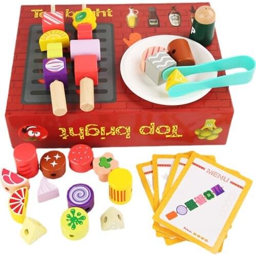 Kids Wooden Fun Barbecue Grill Kitchen Toys Children Puzzle Simulation Skewers Food Game Boys and Girls Pretend Play Toy Sets