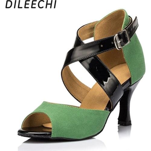 DILEECHI Brand Green Velvet Latin dance shoes Womens Ballroom dancing shoes Party Salsa shoes